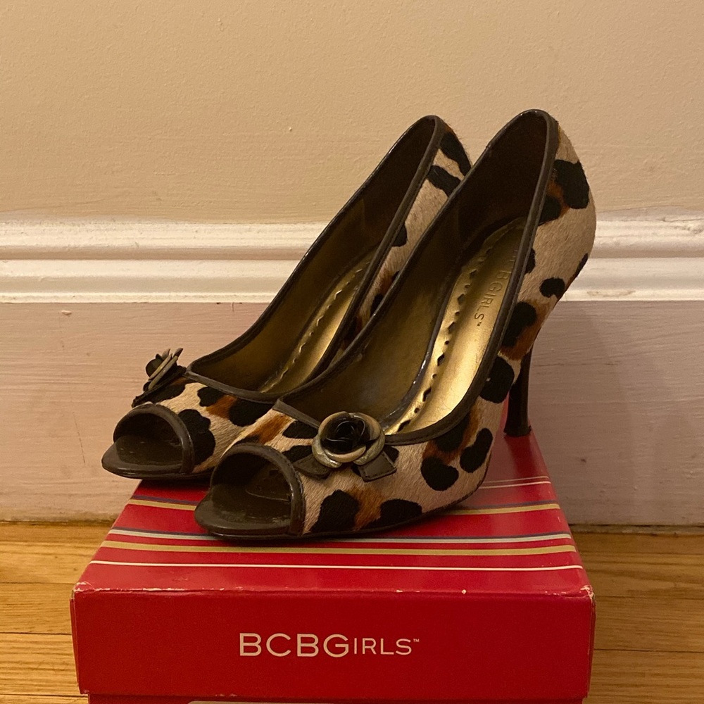 BCBGirls Cheetah Print Open Toe Heels, size 6.5